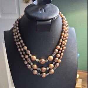 Vintage Japan Triple Stranded Shades Of Brown Faux Pearl Necklace